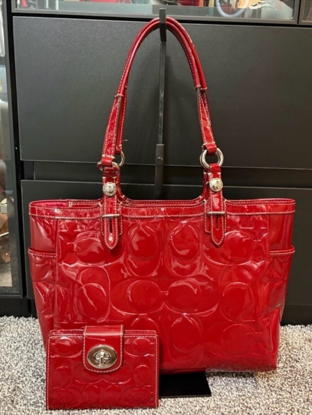 Coach Red Patent Leather Signature Gallery Tote F15246 + Matching Wallet EUC Set